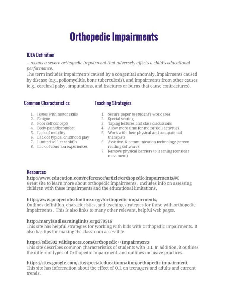 Orthopedic Impairmenthandout | PDF | Career & Growth