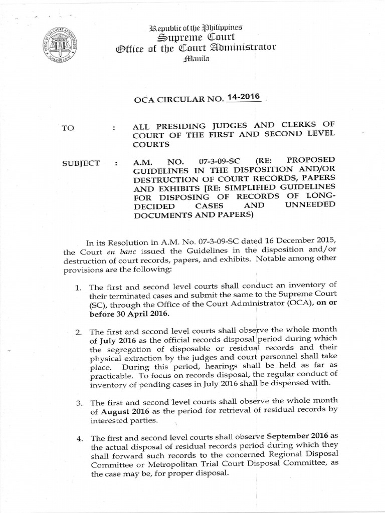 OCA Circular No. 14 2016 Disposal Guidelines | PDF