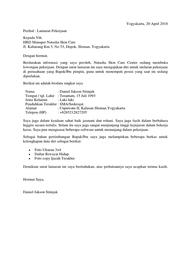 Contoh Surat Lamaran Kerja Umum Finish