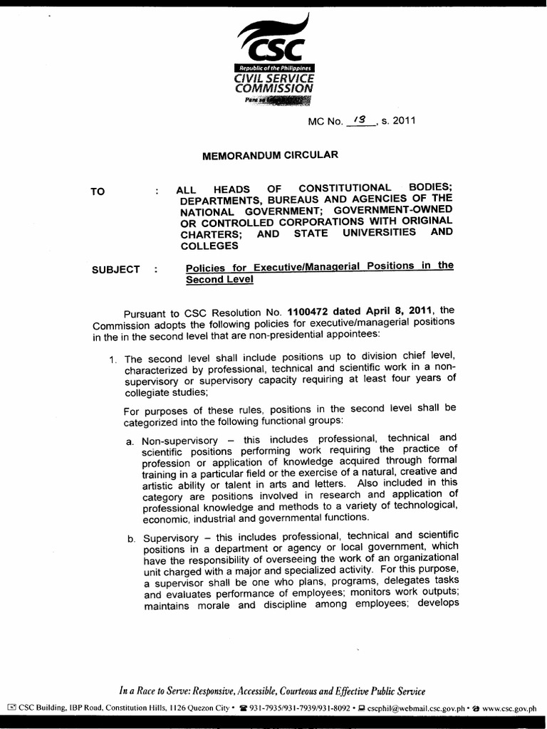 CSC MC No. 13 S. 2011 (Managerial, Supervisory, Technical) PDF PDF