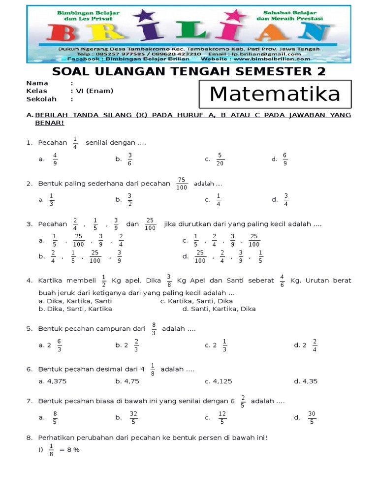 Soal UTS Matematika Kelas 6 SD Semester 2 (Genap) Dan Kunci Jawaban | PDF