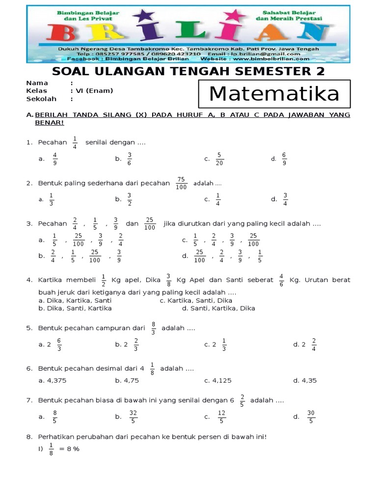 Soal Matematika Kelas 2 Semester 1 Homecare24