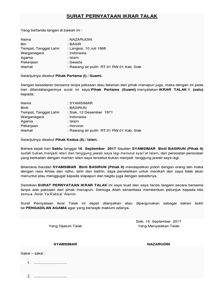 Contoh Surat Cerai Talak 1