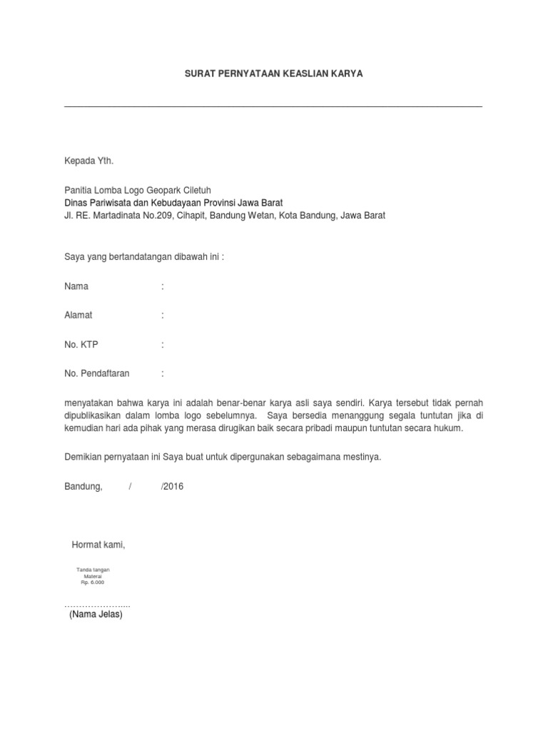 Surat Pernyataan Keaslian Karya