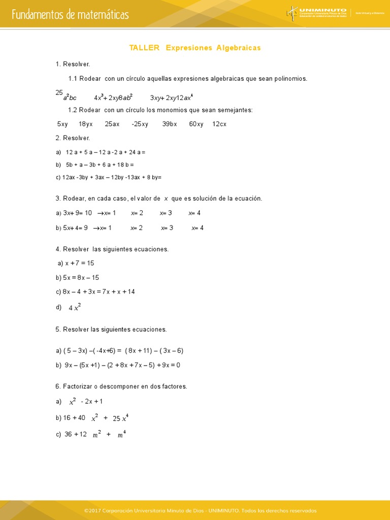 Taller de Expresiones Algebraicas | PDF | Hogar, jardinería y bricolaje ...