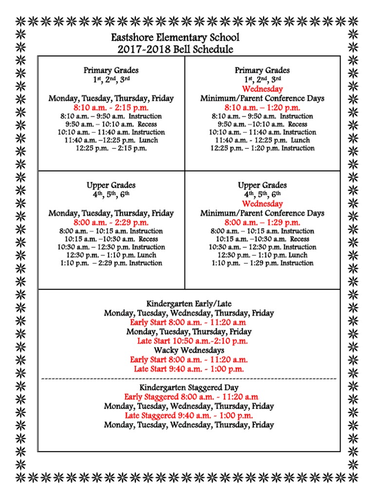 Eastshore Elementary School 20172018 Bell Schedule ST ND RD ST ND RD