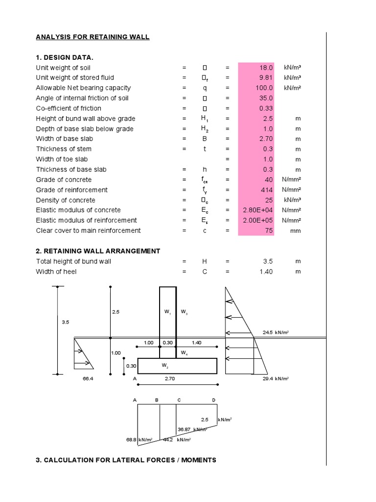 Analysis For Retaining Wall 1. Design Data.: KN/M KN/M KN/M | PDF ...