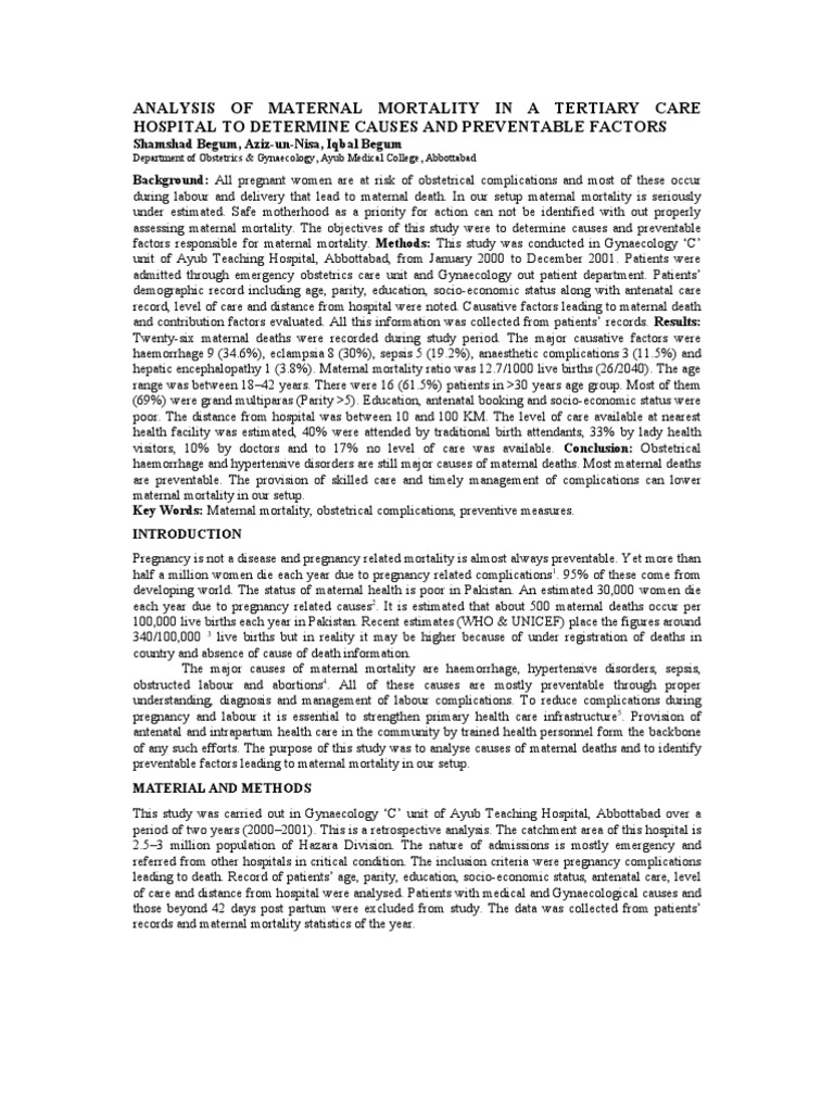 Maternal Mortality Causes in Abbottabad | PDF | Maternal Death | Infant ...