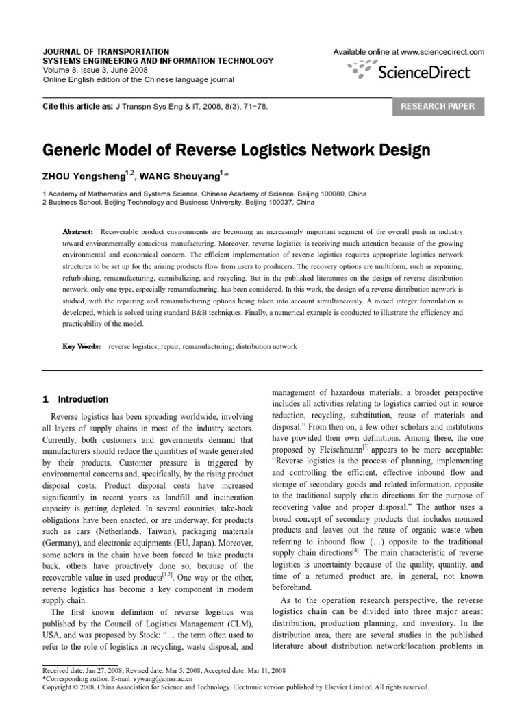Generic Model of Reverse Logistics Network Design 2008 Journal of