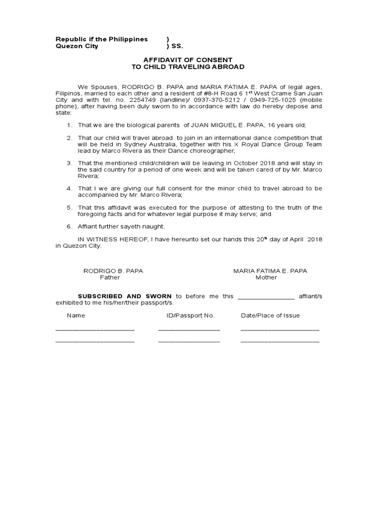 AFFIDAVIT - Parental Travel Consent - Minor | PDF