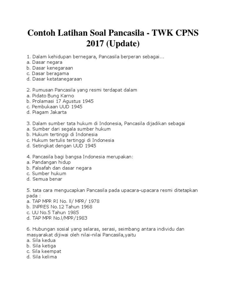 Contoh Latihan Soal Pancasila Twk | Pdf
