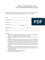 Parent or Guardian Input Form For Classroom Teacher Evaluation