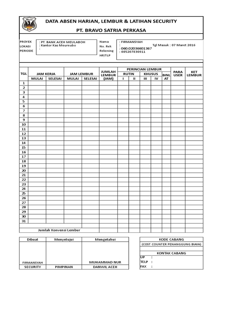 Data Absensi Harian Security PT Bravo | PDF