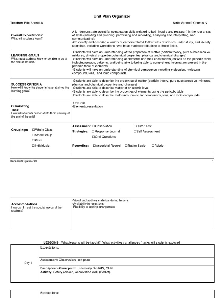 Grade 9 Chemistry Unit Plan Overview | PDF | Molecules | Chemical Elements