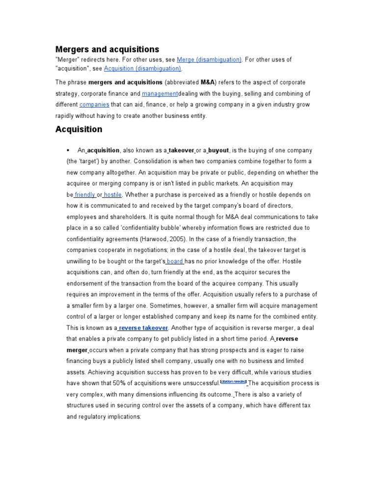 Understanding Mergers and Acquisitions | PDF | Takeover | Mergers And ...