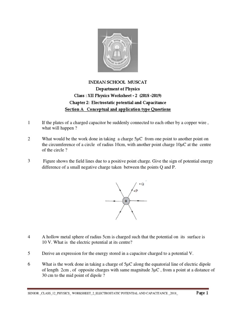 Worksheets Electrostatics Worksheet class xii physics worksheet 2 electrostatic potential and capacitance 2018 19 capacitor