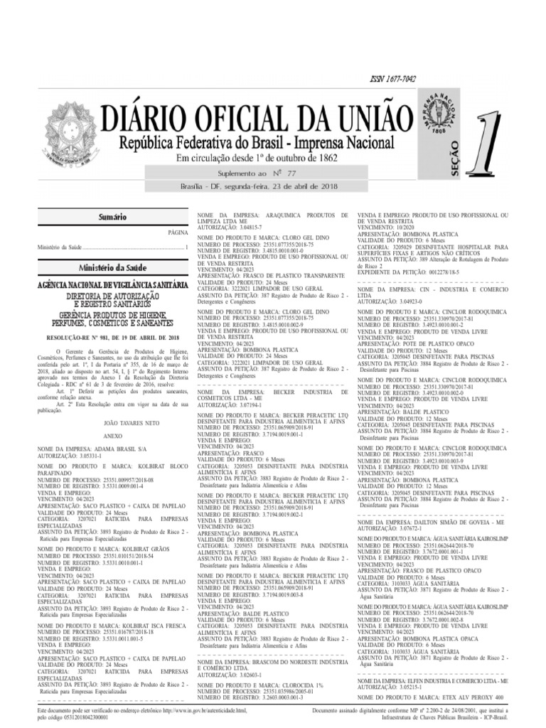 Diário Oficial Da União (DOU), Segunda-Feira, 23 de Abril de 2018 ...
