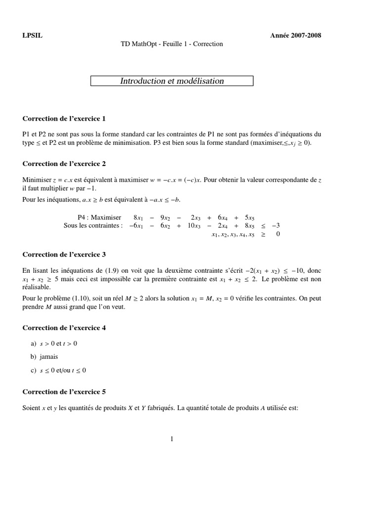 Correction TD MathOpt 2007-2008 | PDF | Optimisation linéaire ...