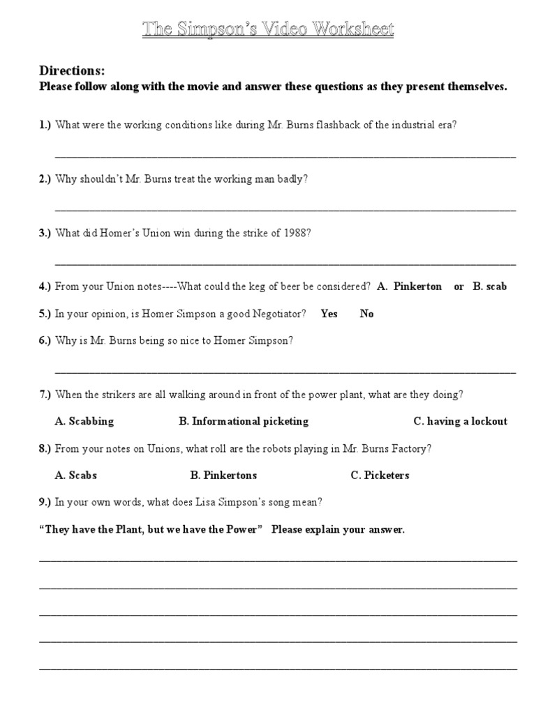 The Simpsons Union Video Worksheet | PDF