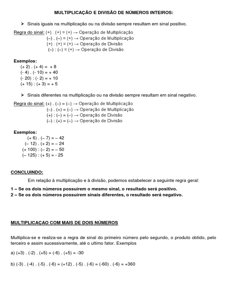 Multiplicação e Divisão de Números Inteiros | PDF