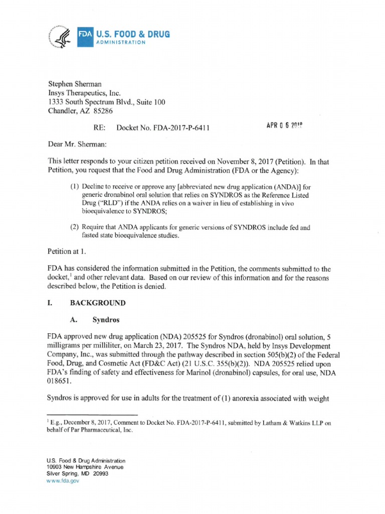 FDA Denies Petition on Syndros Generic | PDF | Food And Drug ...