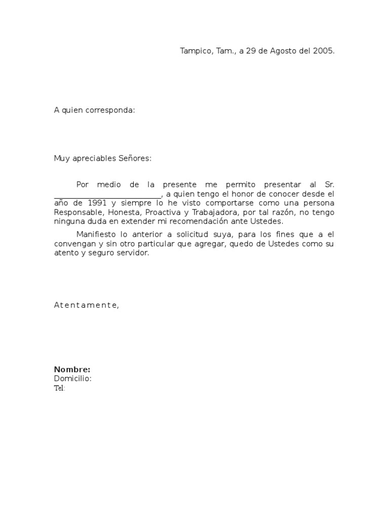 Carta de Recomendación personal Carta de Recomendación personal