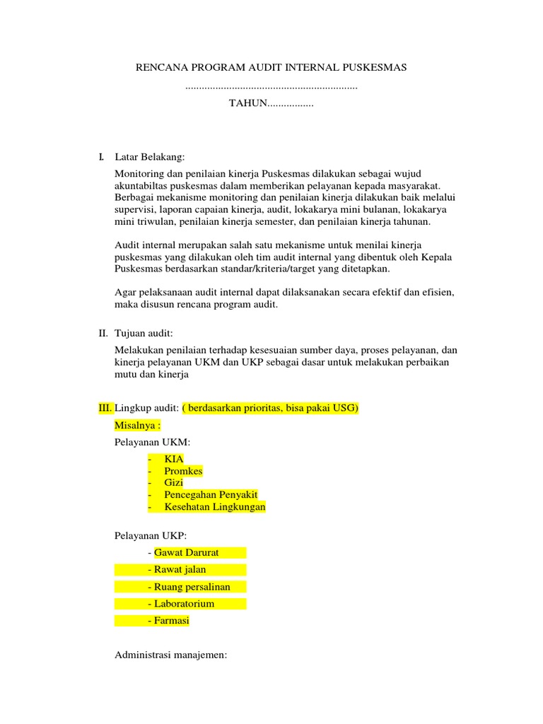 Contoh Template Rencana Program Audit Internal Puskesmas Dan Instrumen Audit Rev Dhntfeb2018