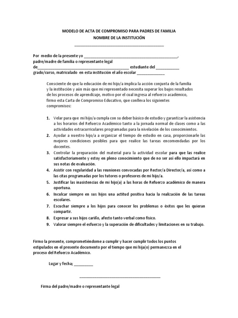 Acta de Compromiso para Padres de Familia | PDF | Cambio | Maestros