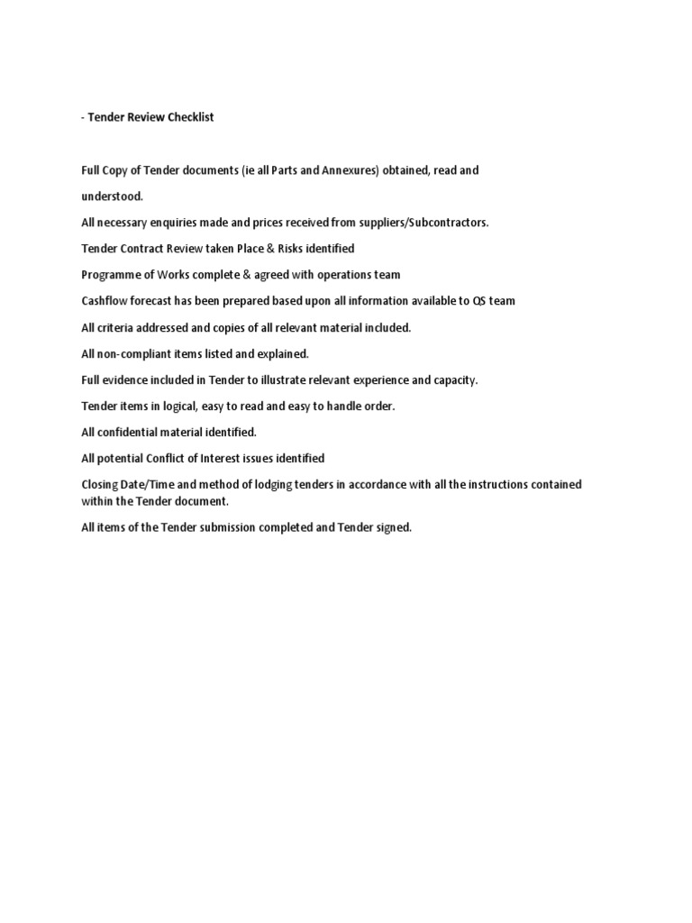 Tender Review Checklist Guide | PDF