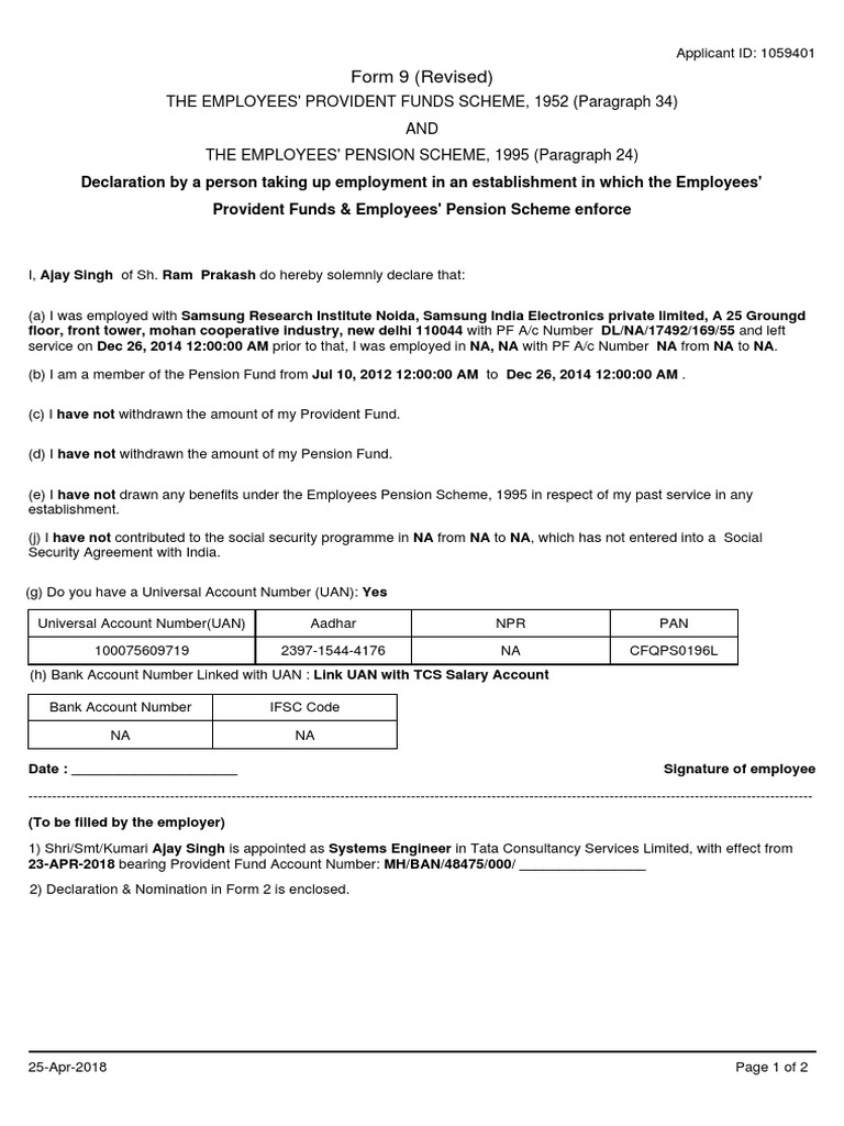 Employment Declaration for PF and Pension | PDF | Pension | Employment