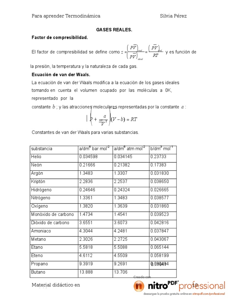 Ecuación de Van der Waals y Gases Reales | PDF | Gases | Química