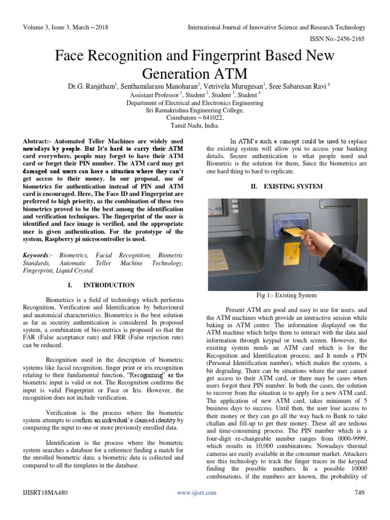 Face Recognition And Fingerprint Based New Generation Atm Pdf