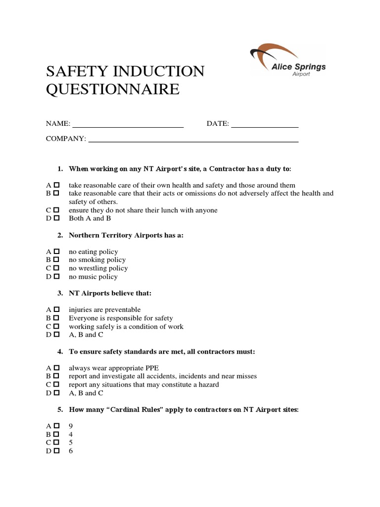 Safety Induction Questionnaire Airport Safety