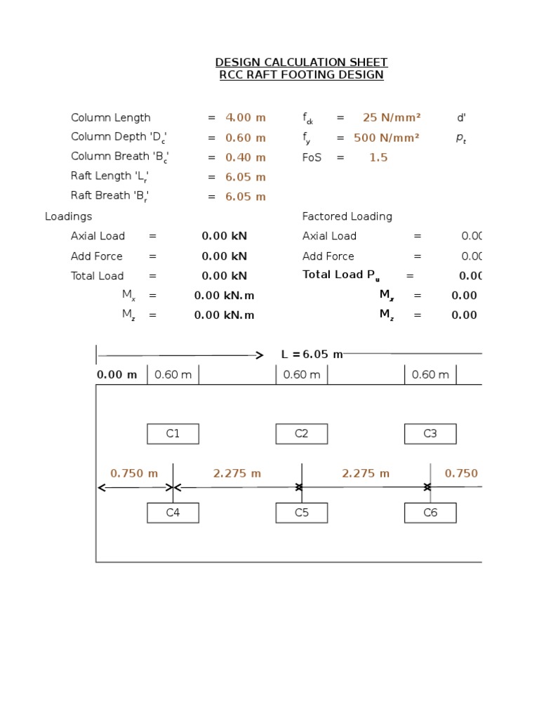 Design of reinforced concrete raft footing to support a 4m x 0.6m x 0 ...