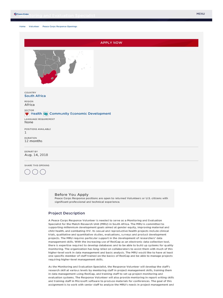 Peace Corps Monitoring and Evaluation Specialist For The Match Research ...