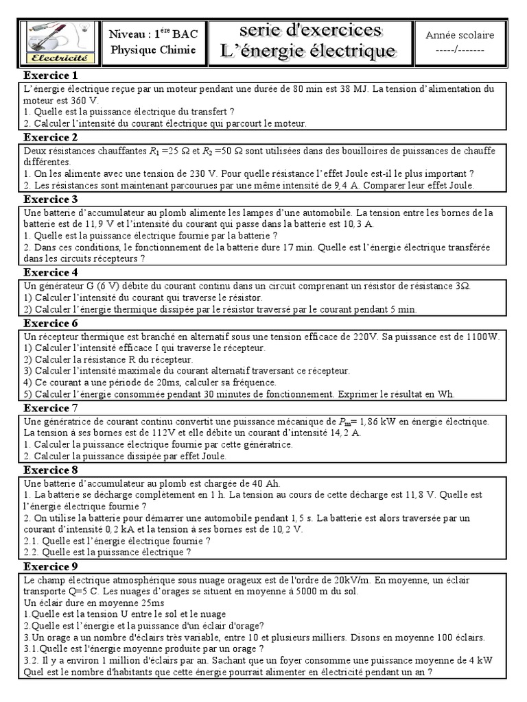 Puissance Et énergie électrique 3ème Exercices Corrigés Pdf