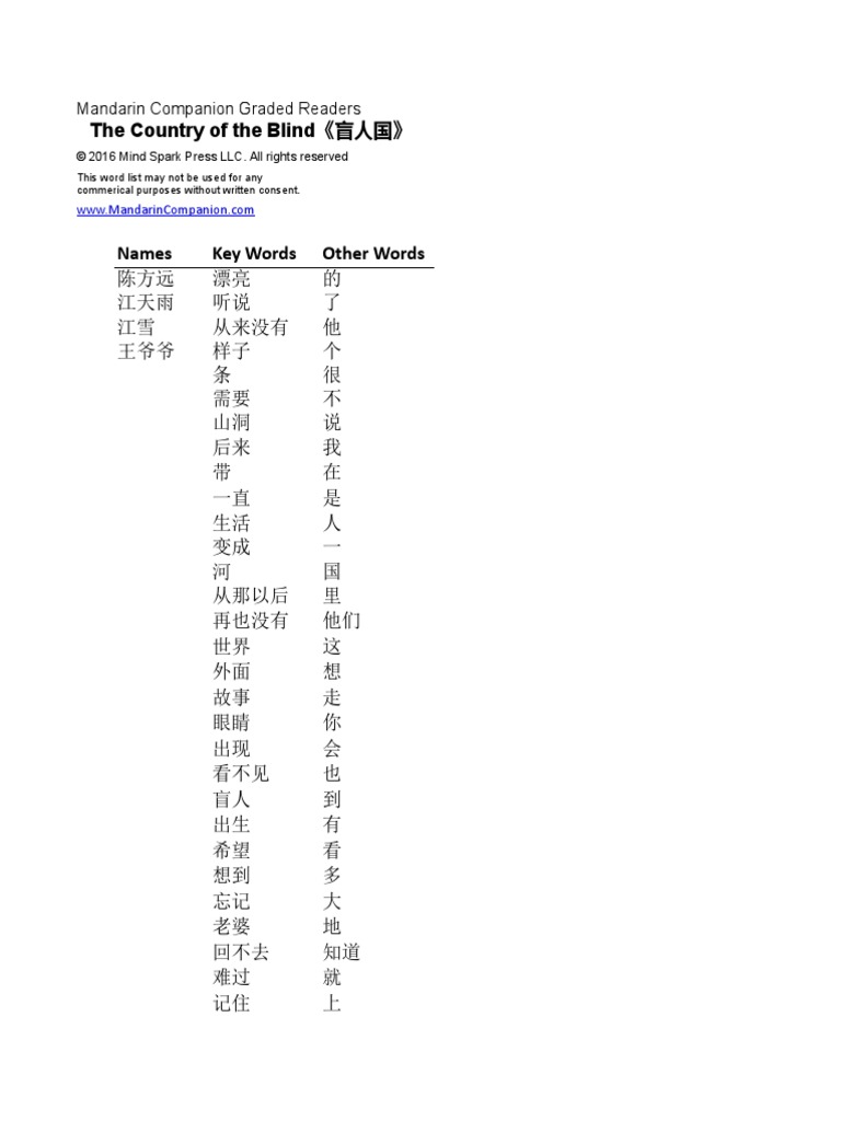 Mandarin Companion The Country of The Blind Word List | PDF