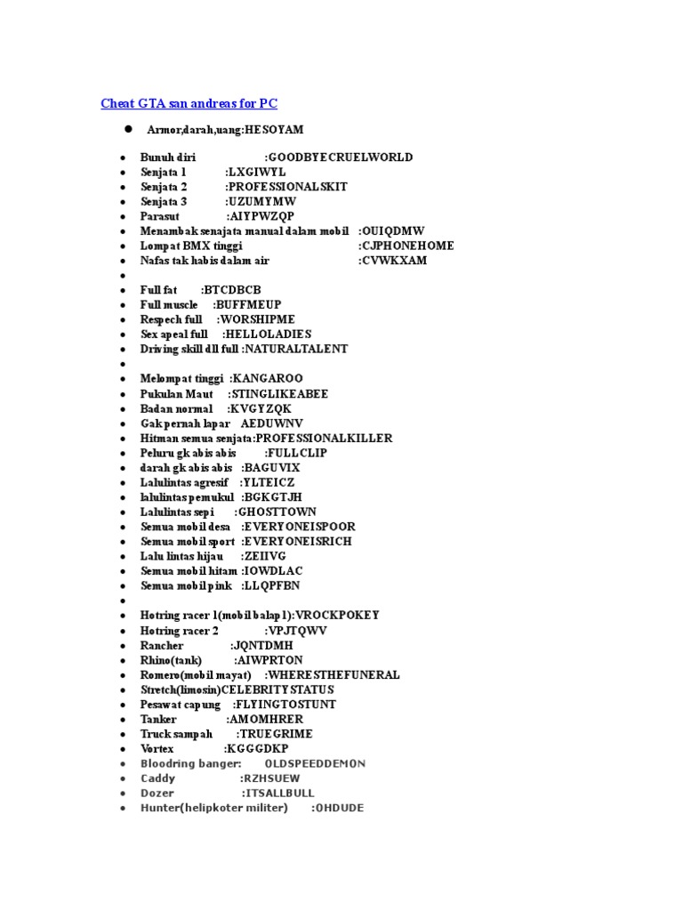 Cheat Gta San Andreas Pdf