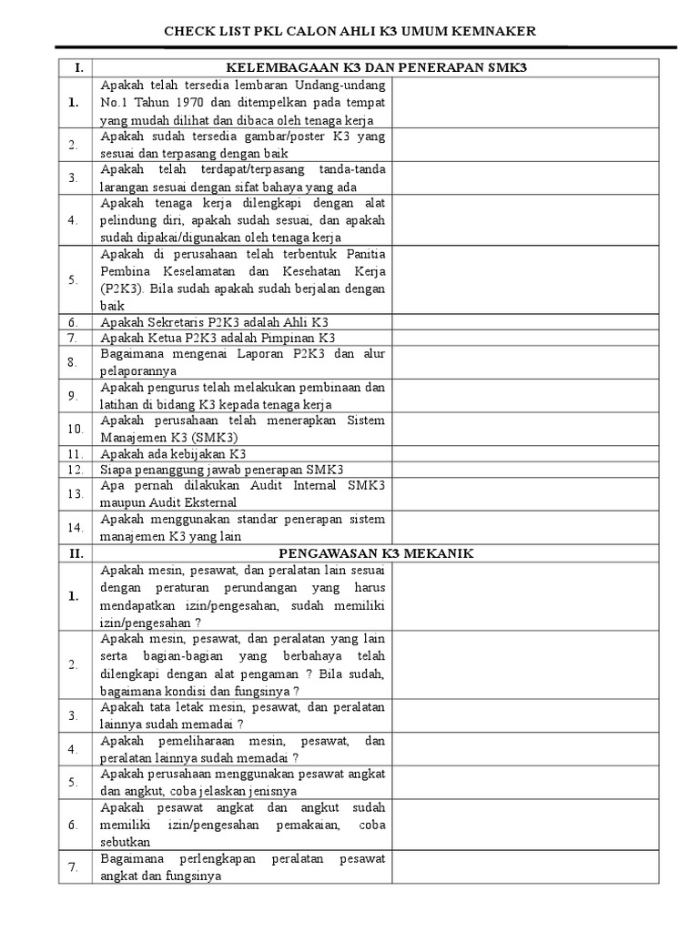 Checklist K3 untuk Calon Ahli K3 Kemnaker | PDF | Bisnis