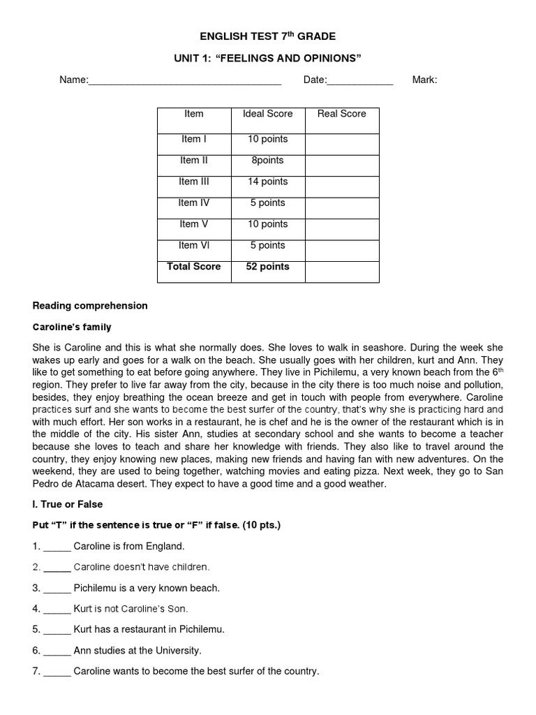 English Test 7 Grade Unit 1: "Feelings and Opinions": Total Score 52 ...