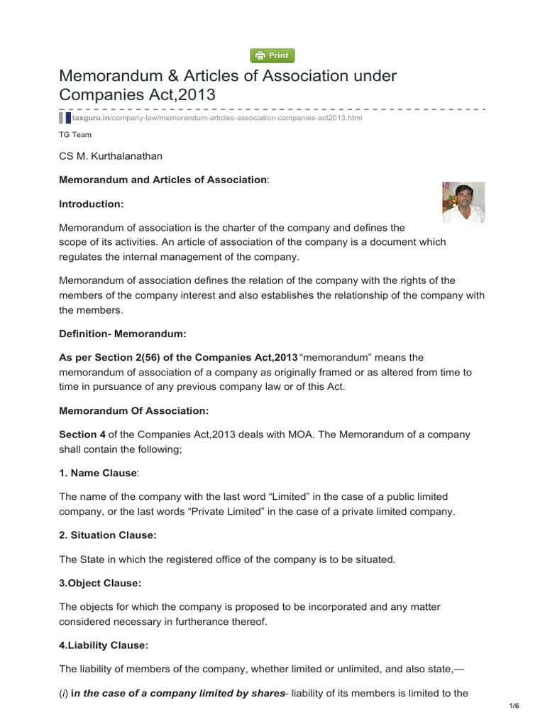 Memorandum Articles of Association Under Companies Act2013 Articles