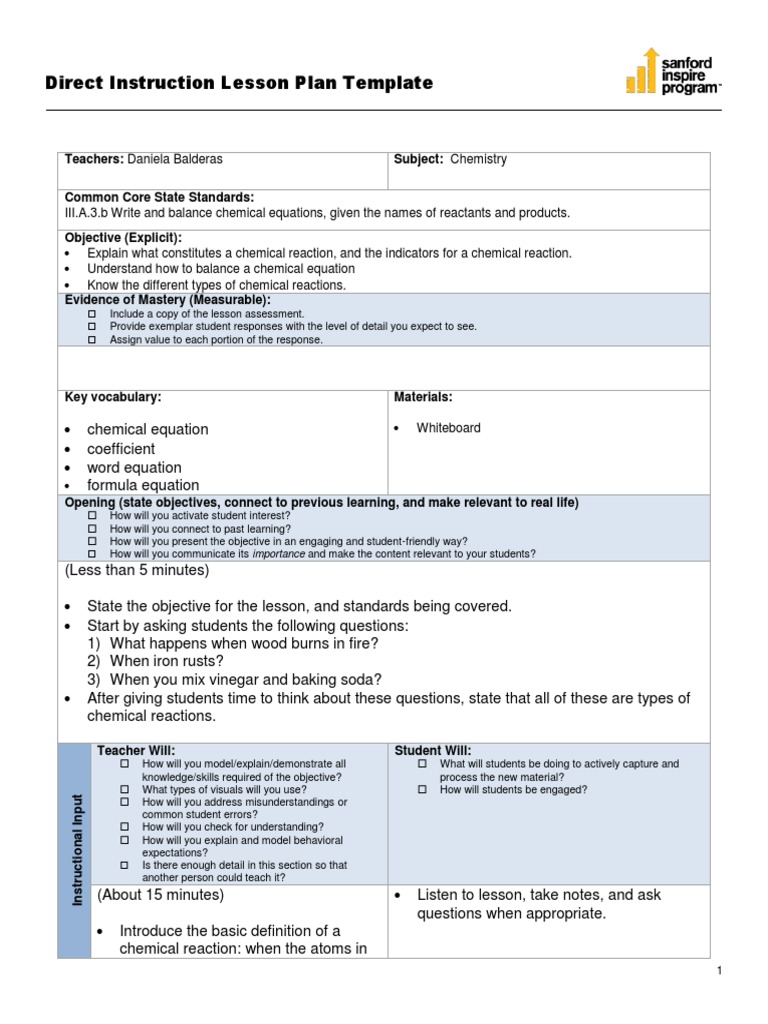 lesson plan balancing chemical equations 223 Chemical Reactions