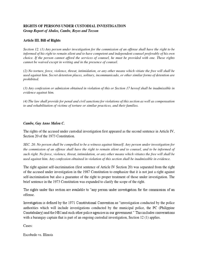 Rights of Persons in Custodial Investigation | PDF | Miranda Warning ...