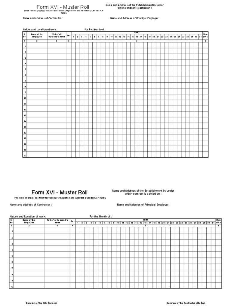 Form XVI Muster Roll Working Conditions Social Institutions