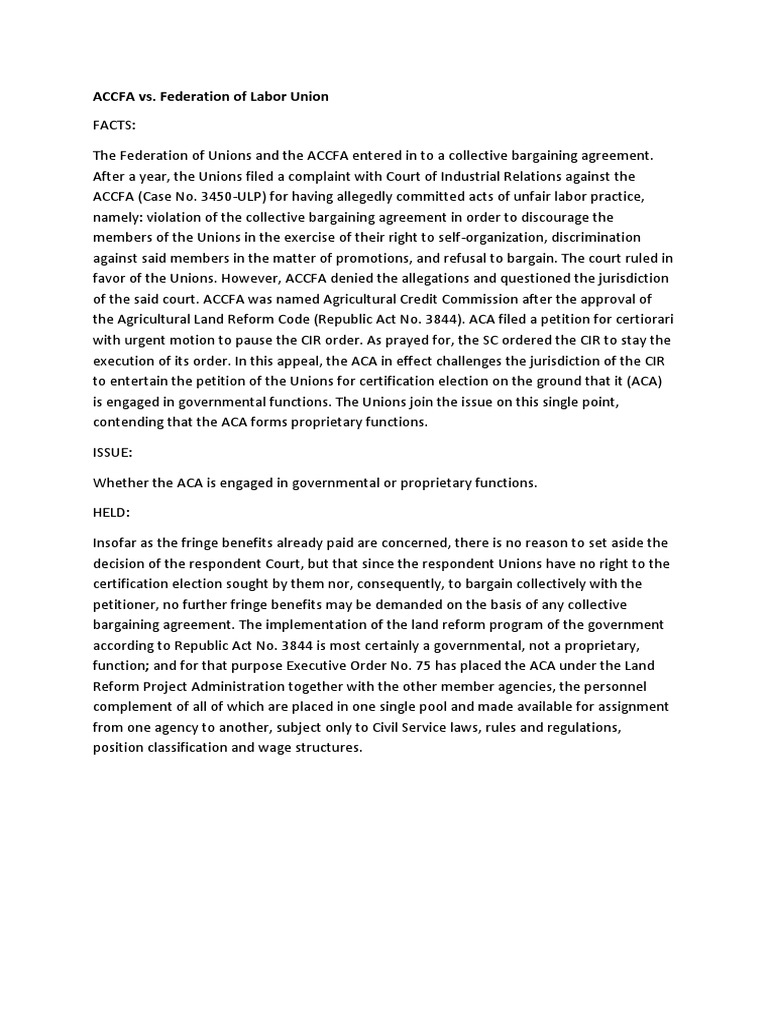ACCFA vs. Federation of Labor Union | PDF | Finance & Money Management ...