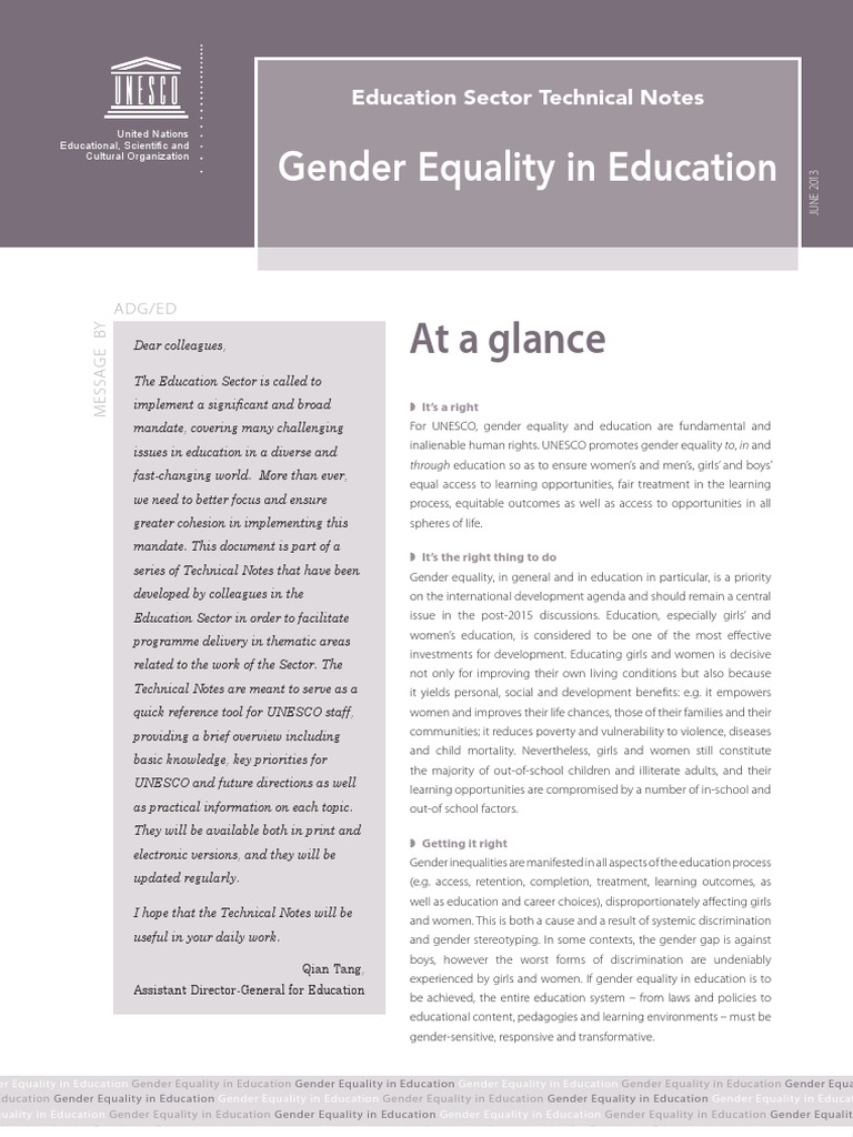 At A Glance: Gender Equality in Education | PDF | Gender Role | Gender ...
