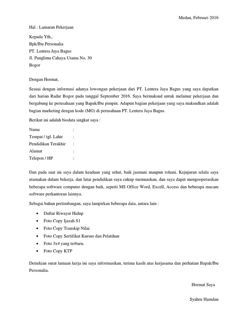 Contoh Surat Lamaran 2016 Suratmenyuratnet