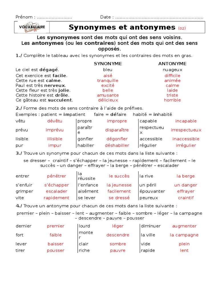 Exercices - Synonymes : Cm1 à Imprimer