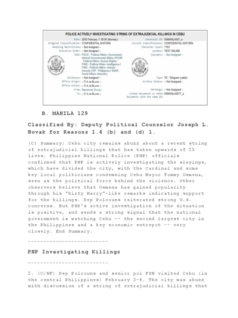 US Embassy Cable On Cebu City Extra-Judicial Killings 5517 Allegedly by ...