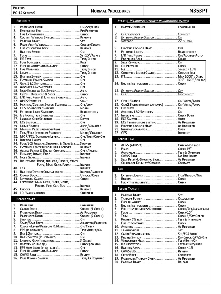 PC-12 Normal Procedures Checklist | PDF | Switch | Flap (Aeronautics)